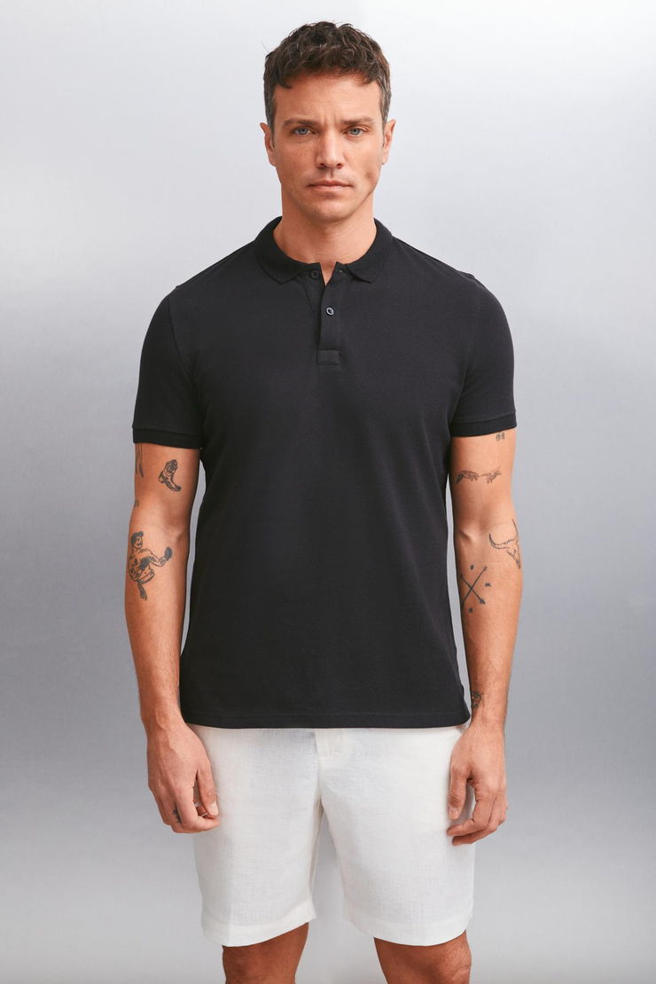FORET  Regular Siyah Tekli Polo Yaka T-shirt