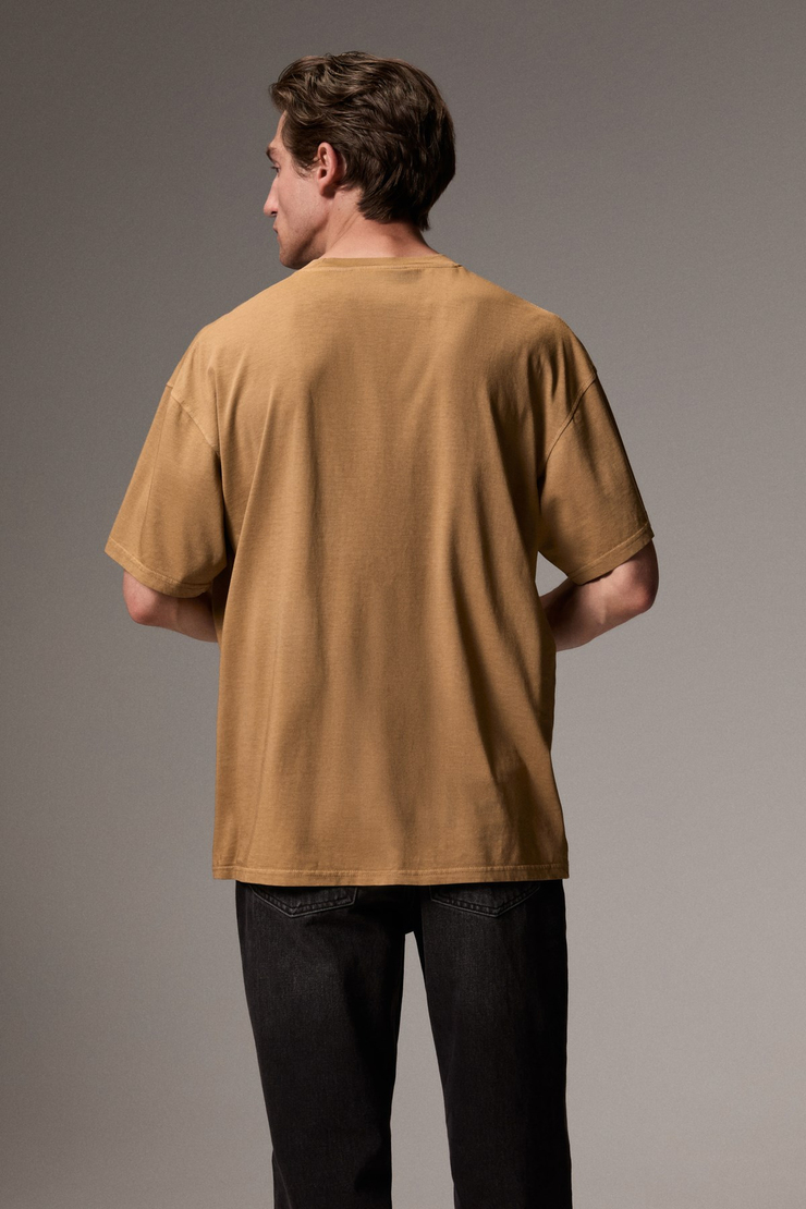 FORRLY Erkek %100 Organik Pamuklu Yıkama Ve Patch Nakış Detaylı Regular Kahverengi T-Shirt