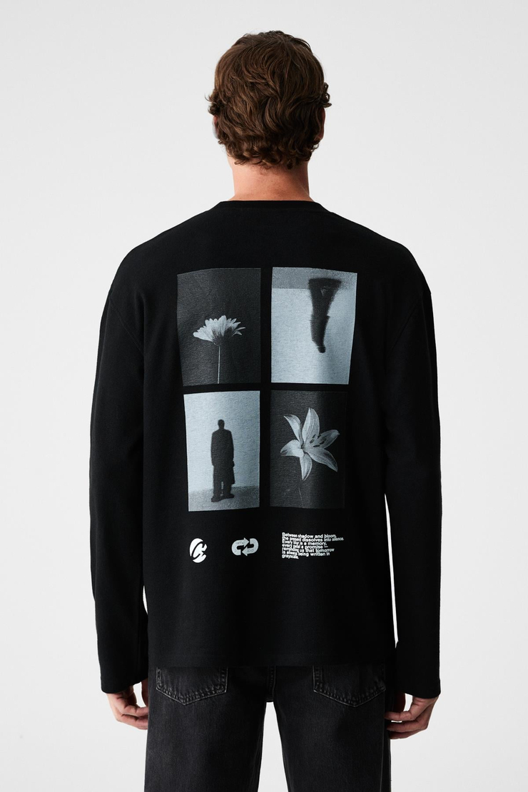 FRAGMENT Erkek %100 Organik Pamuklu Baskılı Uzun Kollu Siyah T-Shirt