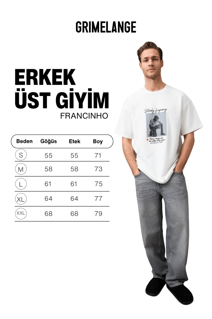 FRANCINHO Erkek Bisiklet Yaka Organik Pamuklu Baskı Ve Nakışlı Oversıze Beyaz T-Shirt