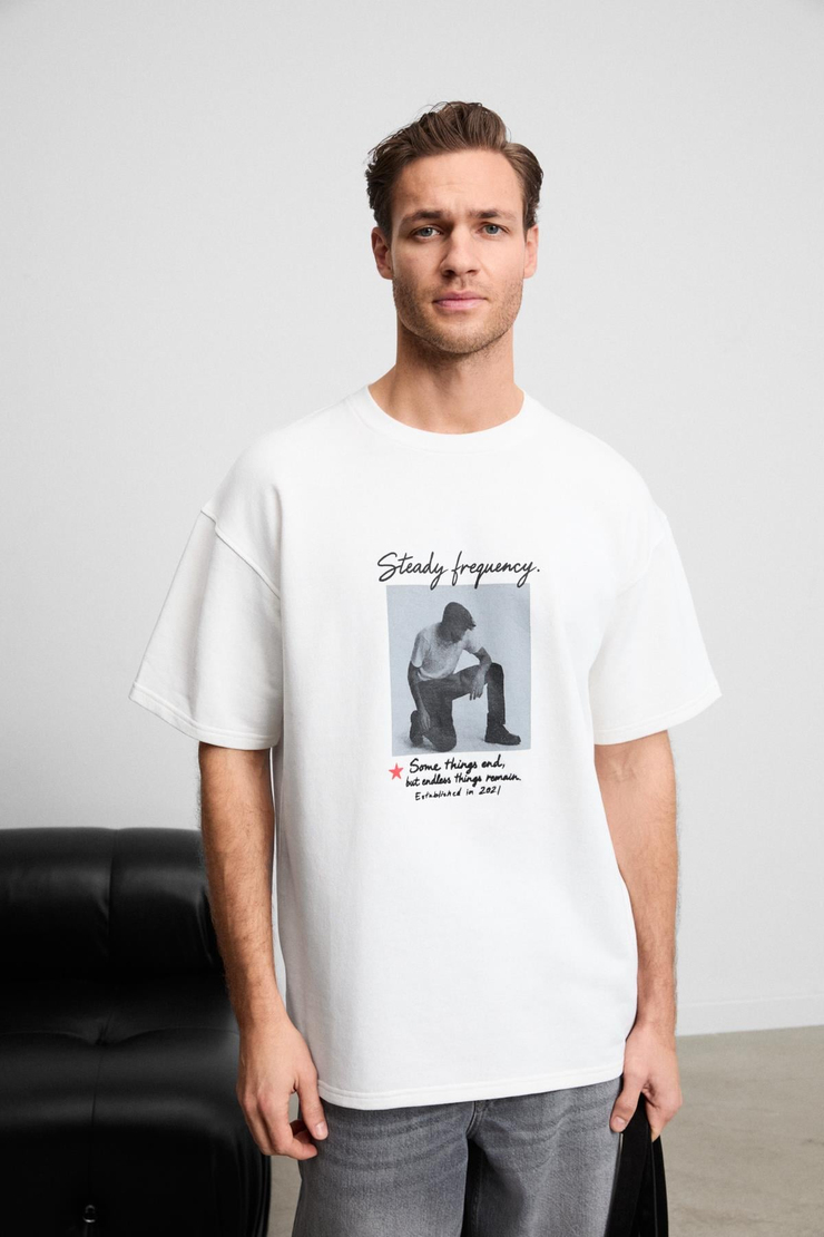 FRANCINHO Erkek Bisiklet Yaka Organik Pamuklu Baskı Ve Nakışlı Oversıze Beyaz T-Shirt