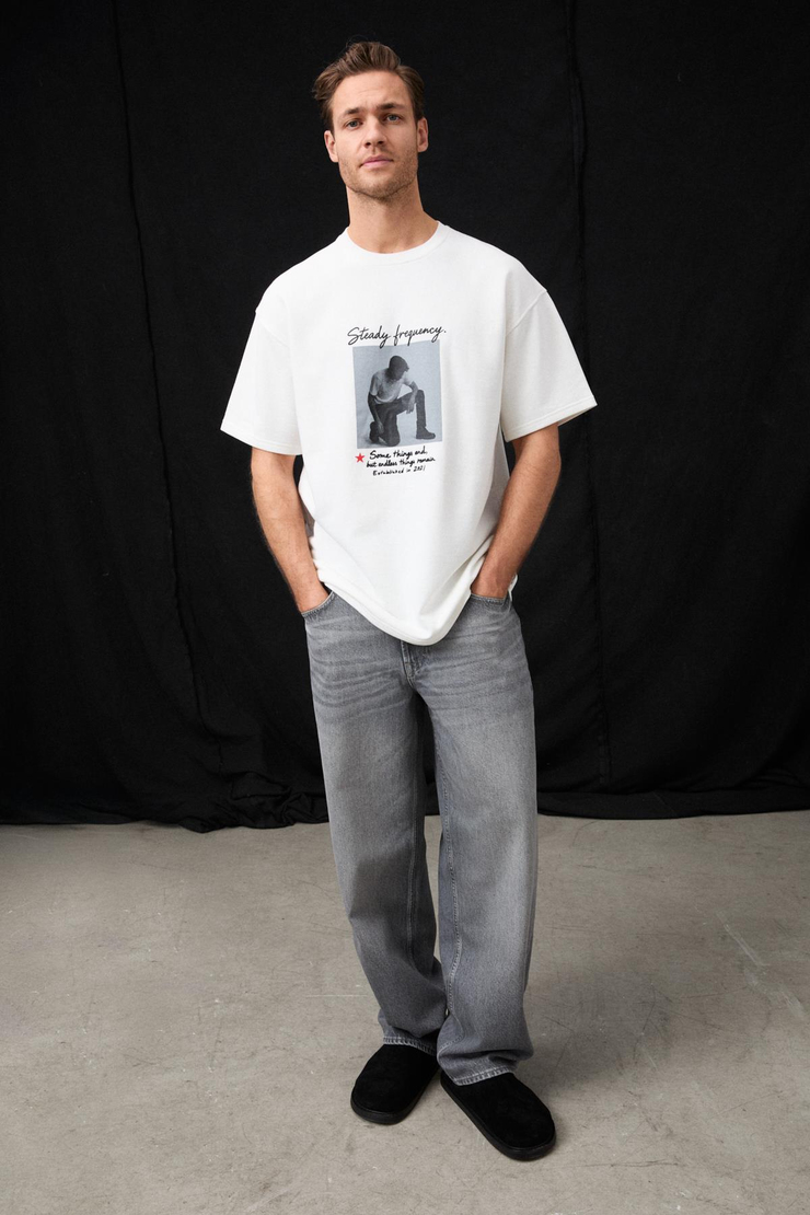 FRANCINHO Erkek Bisiklet Yaka Organik Pamuklu Baskı Ve Nakışlı Oversıze Beyaz T-Shirt