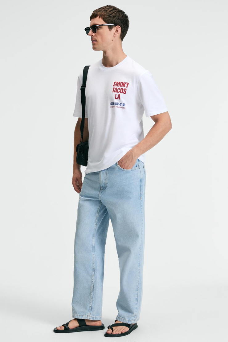 FRESH Erkek %100 Pamuk Oversize Fit Baskılı Kısa Kollu Yuvarlak Yakalı Beyaz T-Shirt