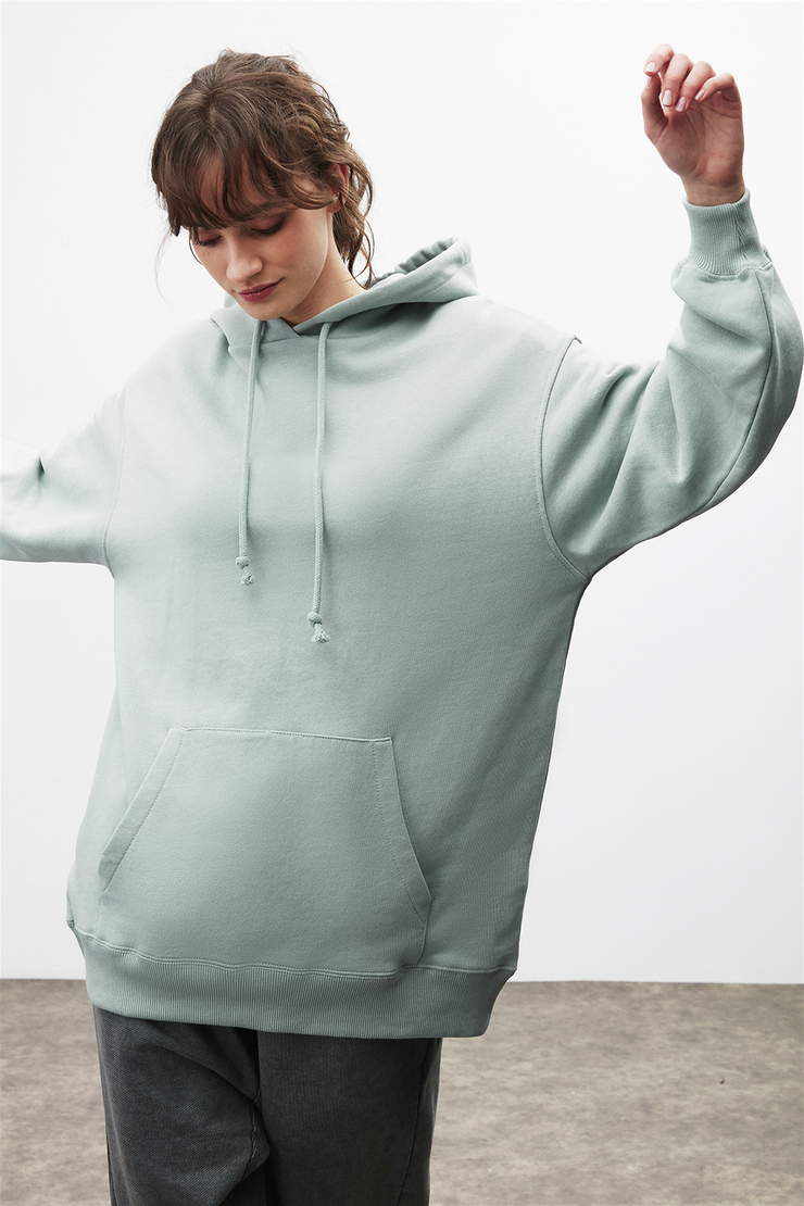 FRIDA Kadın Mint Yeşili Düz Renk Kapüşonlu Comfort Fit Sweatshirt