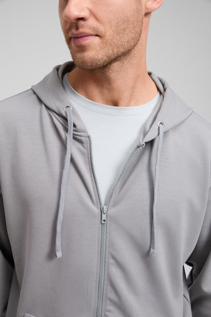 GAGE Erkek Kapüşonlu Metal Kuş Gözü Detaylı Fermuarlı Kordonlu Cepli Gri Sweatshirt