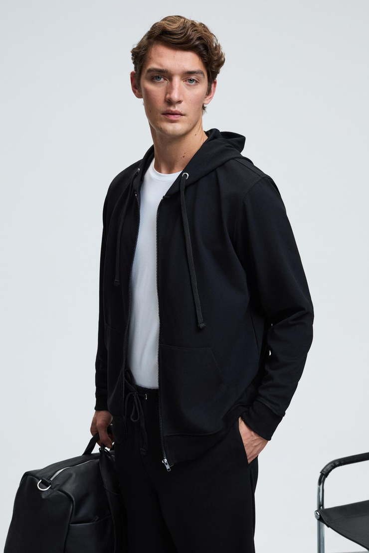 GAGE Erkek Kapüşonlu Metal Kuş Gözü Detaylı Fermuarlı Kordonlu Cepli Siyah Sweatshirt