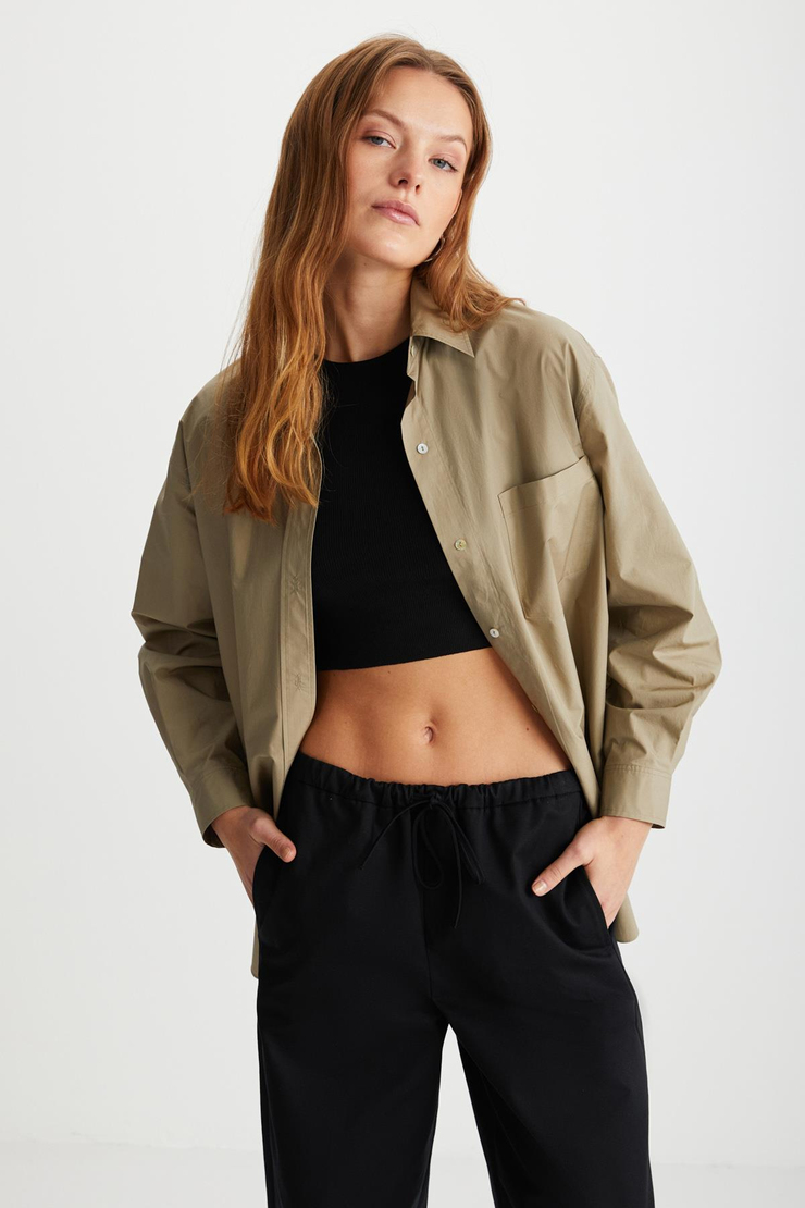 GAIA Keten Oversize Vizon Tekli Gömlek