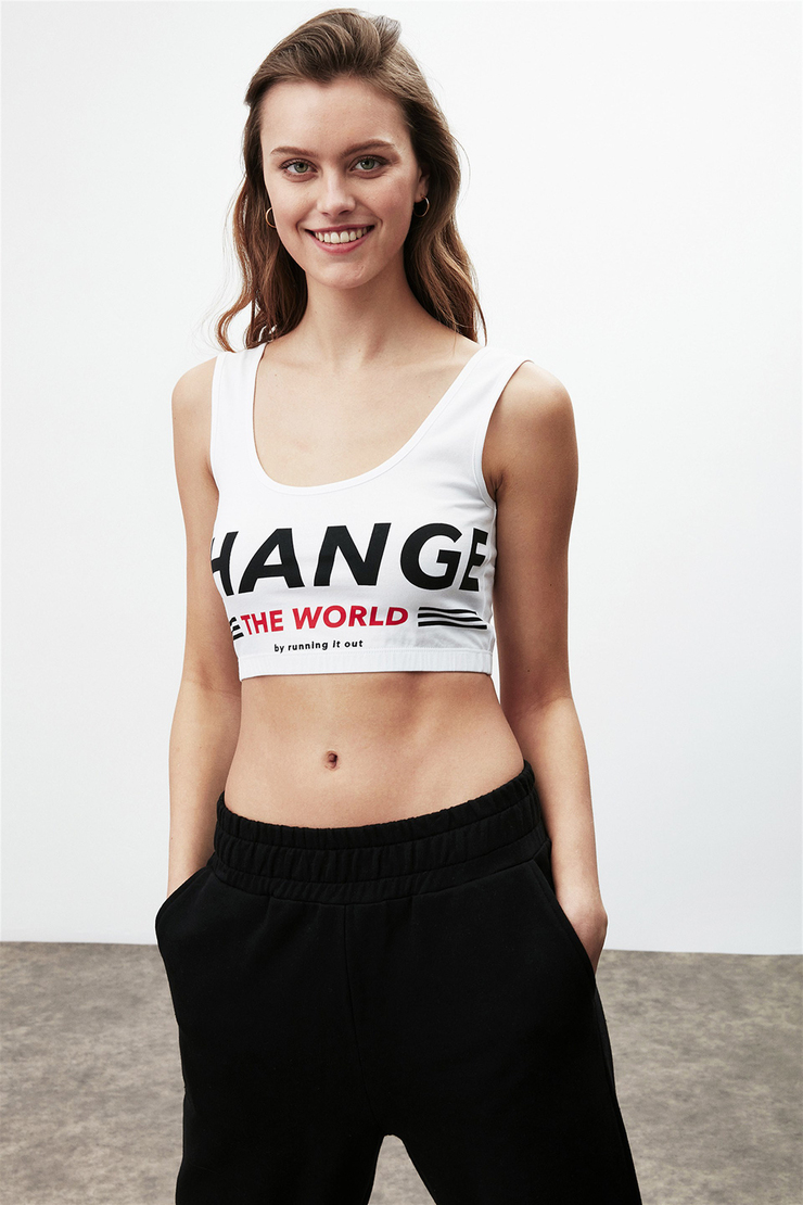 GALE Kadın Beyaz Baskılı Kare Yaka Crop Fit Büstiyer