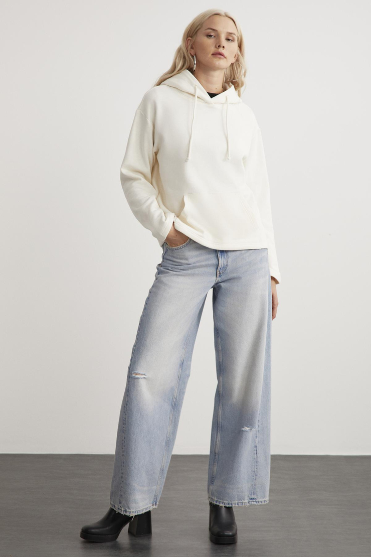 GAYLE Kadın Kapüşonlu İçi Polarlı Relaxed Kalıp Basic Ekru Sweatshirt