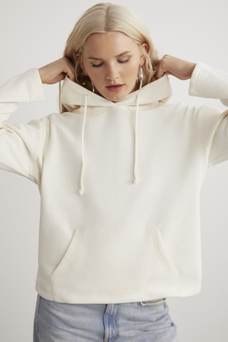 GAYLE Kadın Kapüşonlu İçi Polarlı Relaxed Kalıp Basic Ekru Sweatshirt