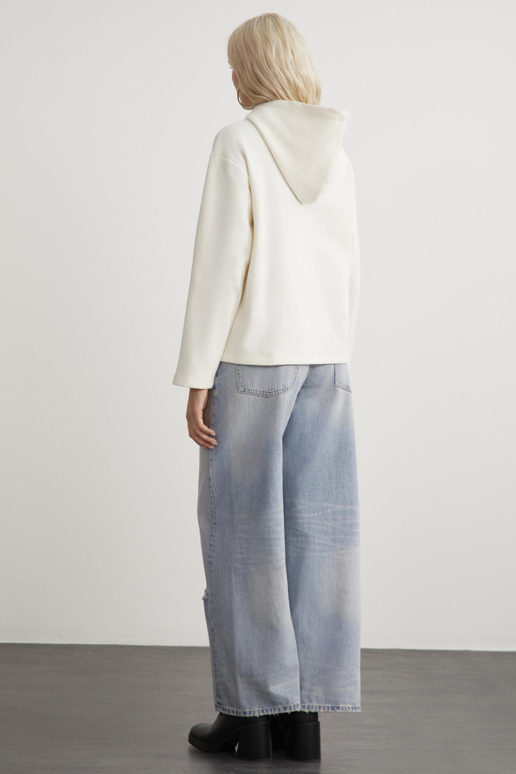 GAYLE Kadın Kapüşonlu İçi Polarlı Relaxed Kalıp Basic Ekru Sweatshirt
