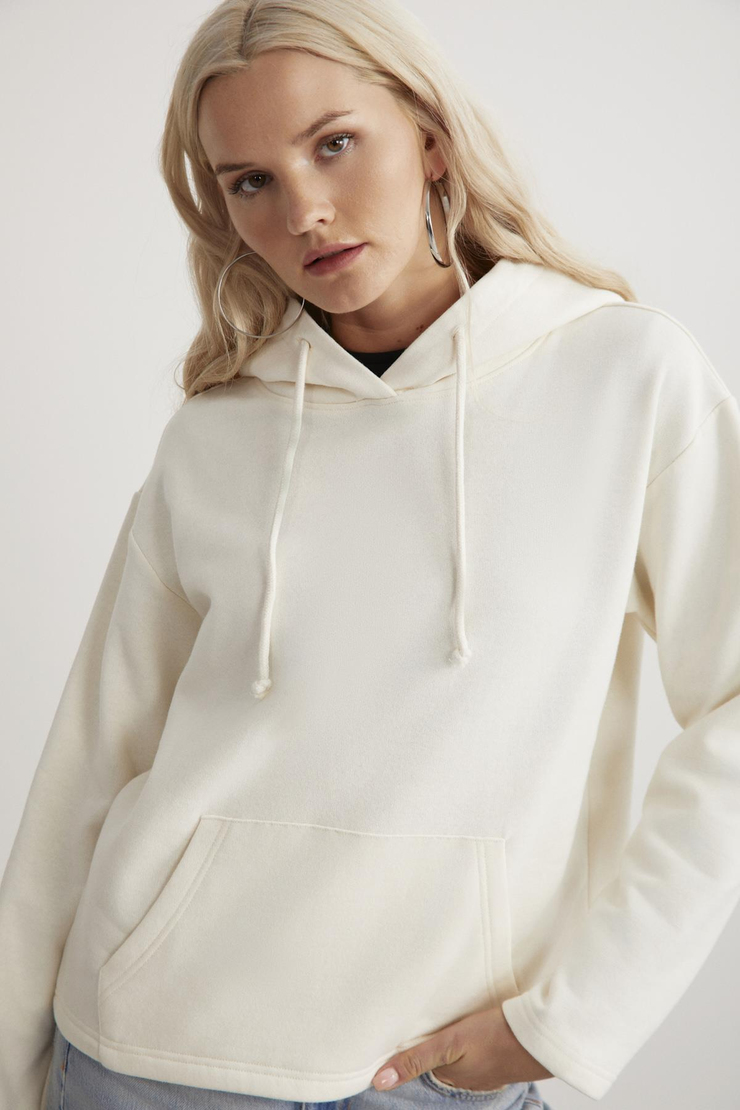 GAYLE Kadın Kapüşonlu İçi Polarlı Relaxed Kalıp Basic Ekru Sweatshirt