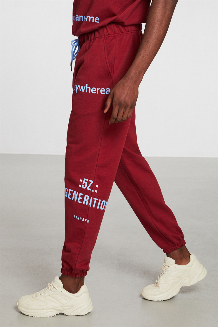 GENERATION Erkek Bordo Baskılı Yuvarlak Yaka Comfort Fit Eşofman Takımı