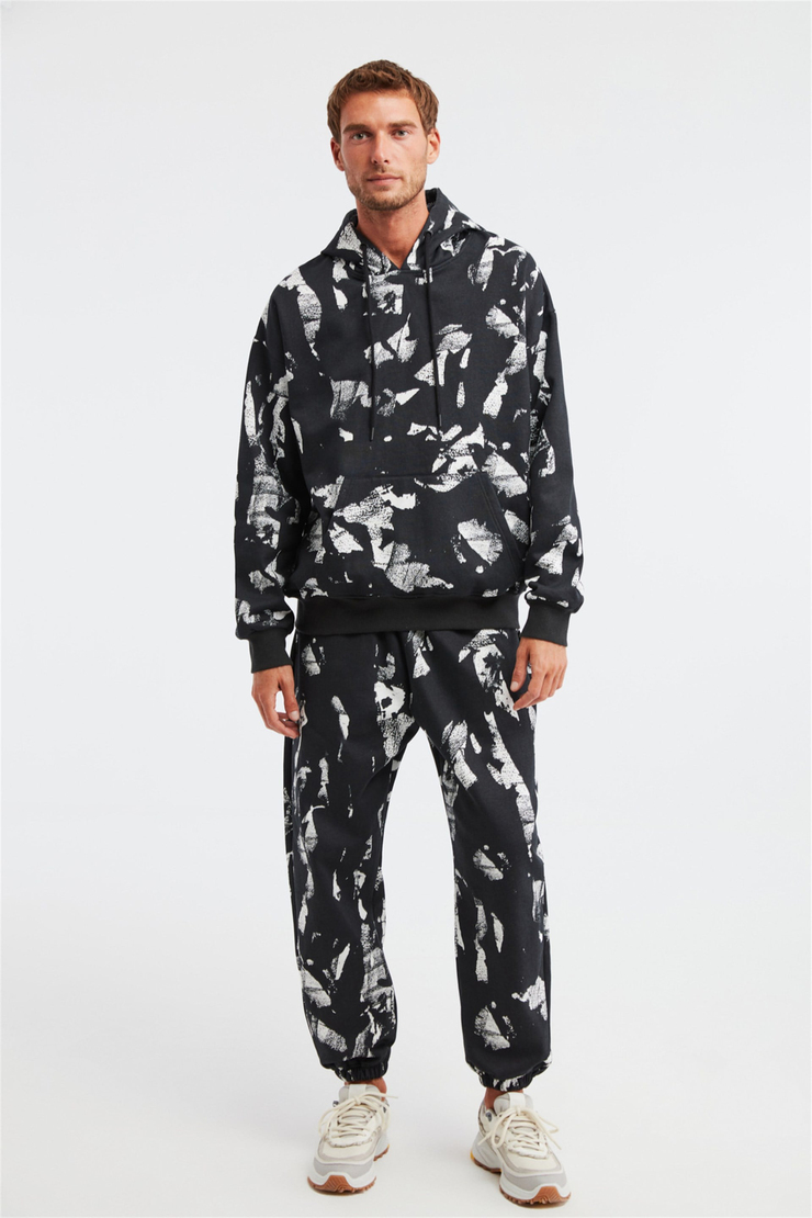 GHOSTED Erkek Siyah Batik Kapüşonlu Comfort Fit Eşofman Takımı