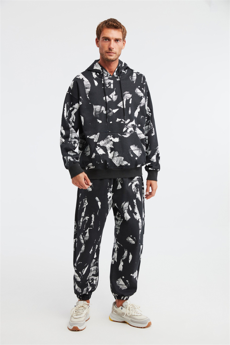 GHOSTED Erkek Siyah Batik Kapüşonlu Comfort Fit Eşofman Takımı
