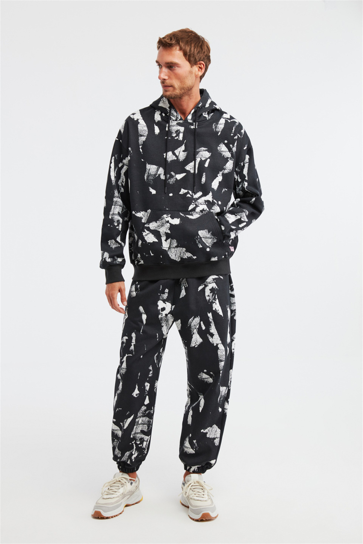 GHOSTED Erkek Siyah Batik Kapüşonlu Comfort Fit Eşofman Takımı