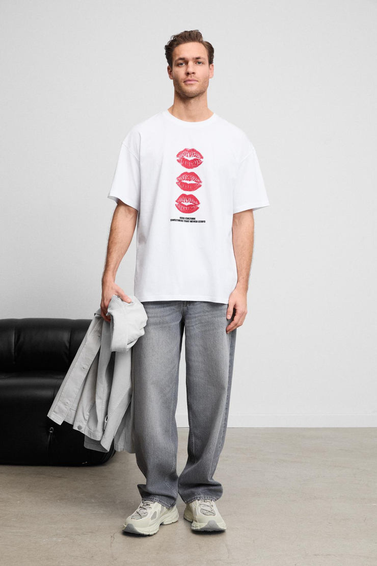 GIANO Erkek Organik Pamuklu Bisiklet Yakalı Baskı Detaylı Oversıze Beyaz T-Shirt