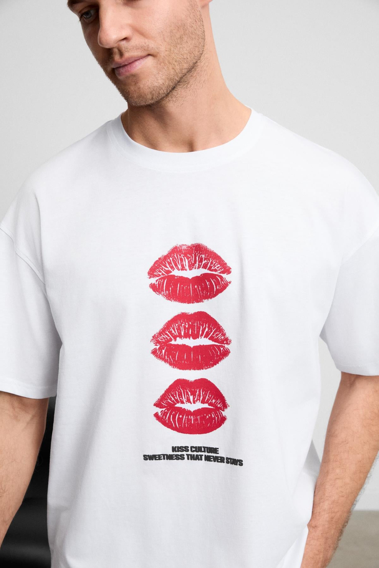 GIANO Erkek Organik Pamuklu Bisiklet Yakalı Baskı Detaylı Oversıze Beyaz T-Shirt