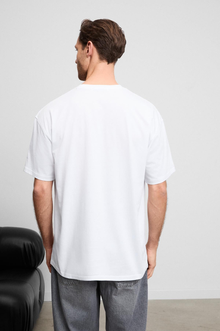 GIANO Erkek Organik Pamuklu Bisiklet Yakalı Baskı Detaylı Oversıze Beyaz T-Shirt
