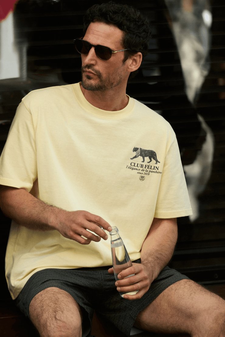 GIGANEST Erkek %100 Organik Pamuklu Baskı Detaylı Yuvarlak Yaka Sarı T-Shirt