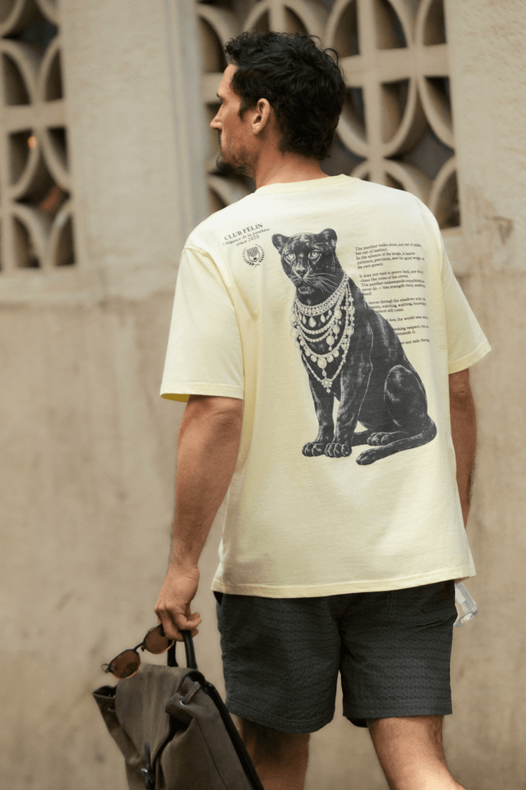 GIGANEST Erkek %100 Organik Pamuklu Baskı Detaylı Yuvarlak Yaka Sarı T-Shirt