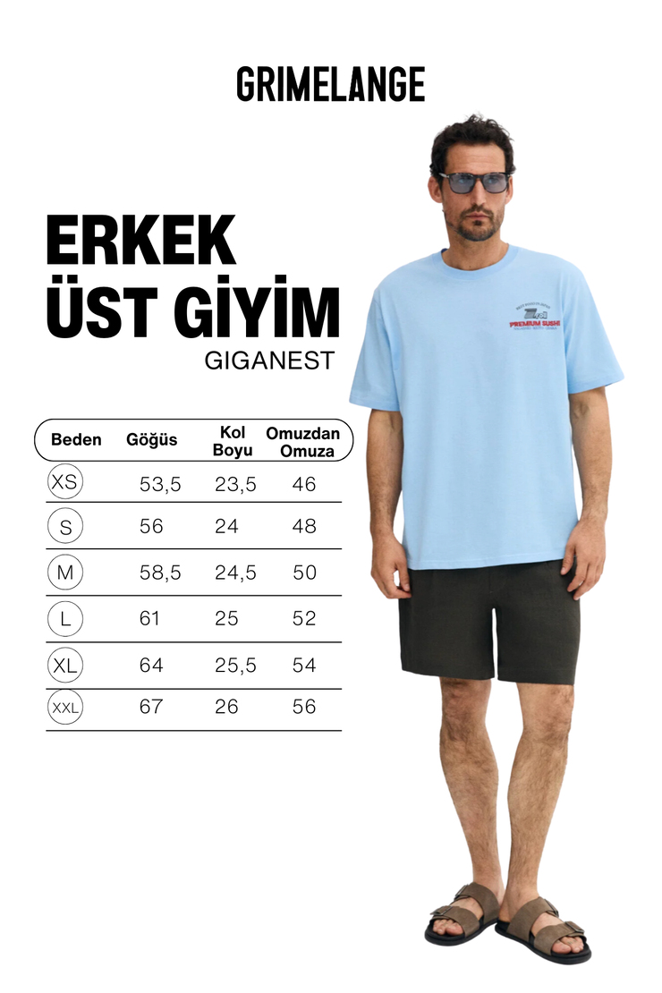 GIGANEST Erkek %100 Organik Pamuklu Baskı Detaylı Yuvarlak Yaka Mavi T-Shirt