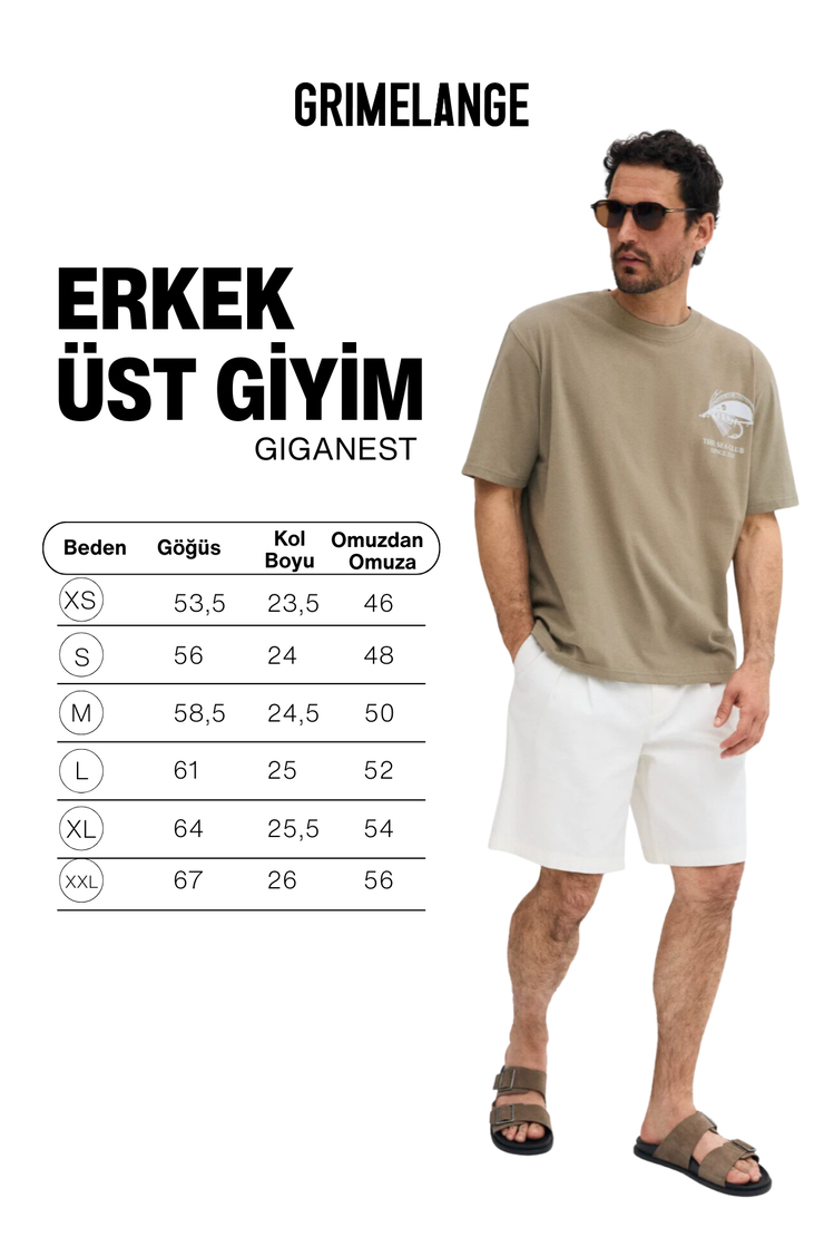 GIGANEST Erkek %100 Organik Pamuklu Baskı Detaylı Yuvarlak Yaka Haki T-Shirt