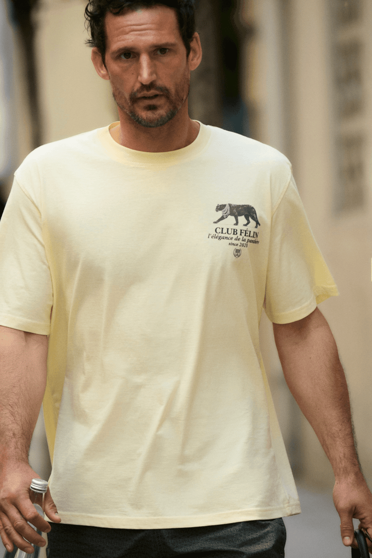 GIGANEST Erkek %100 Organik Pamuklu Baskı Detaylı Yuvarlak Yaka Sarı T-Shirt