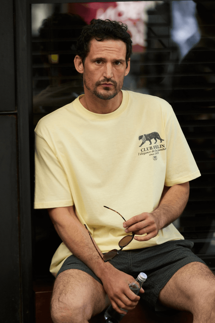 GIGANEST Erkek %100 Organik Pamuklu Baskı Detaylı Yuvarlak Yaka Sarı T-Shirt
