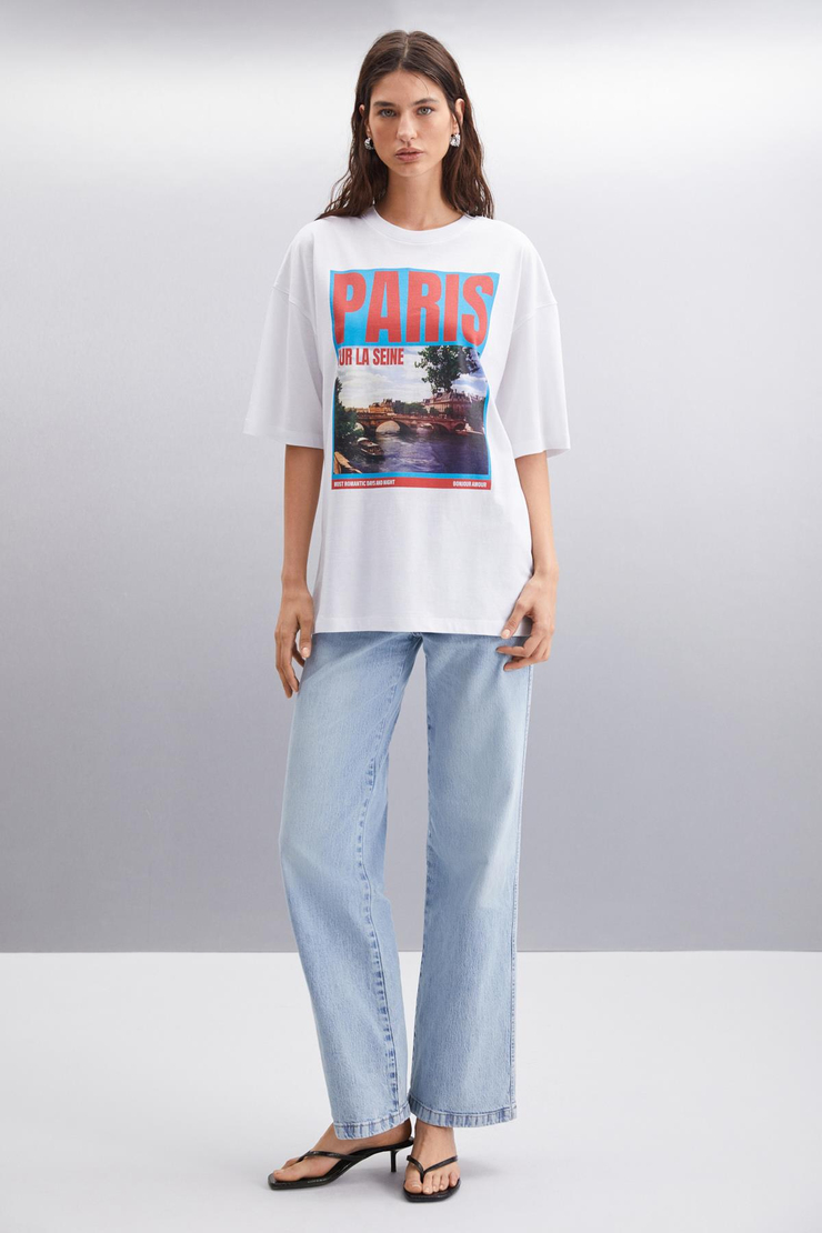 GLADYS  Oversize Beyaz Tekli T-Shirt