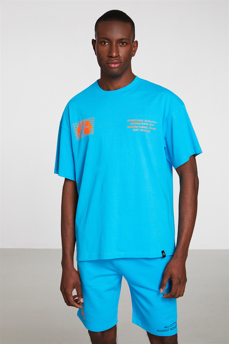 GLOBAL Erkek Turkuaz Baskılı Yuvarlak Yaka Oversize T-Shirt