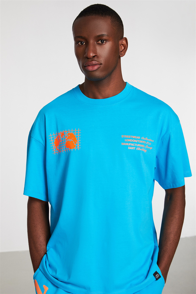 GLOBAL Erkek Turkuaz Baskılı Yuvarlak Yaka Oversize T-Shirt