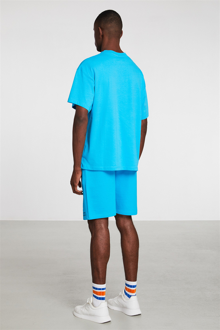 GLOBAL Erkek Turkuaz Baskılı Yuvarlak Yaka Oversize T-Shirt
