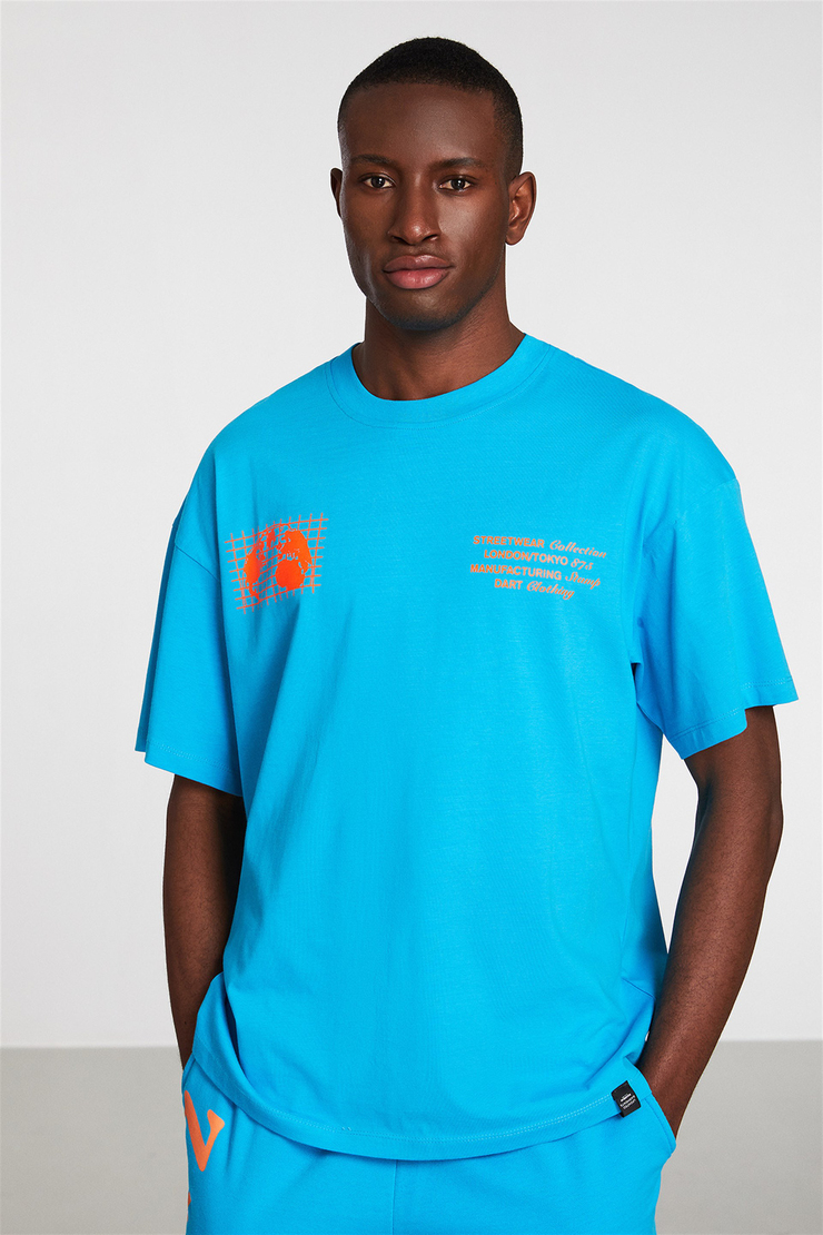 GLOBAL Erkek Turkuaz Baskılı Yuvarlak Yaka Oversize T-Shirt
