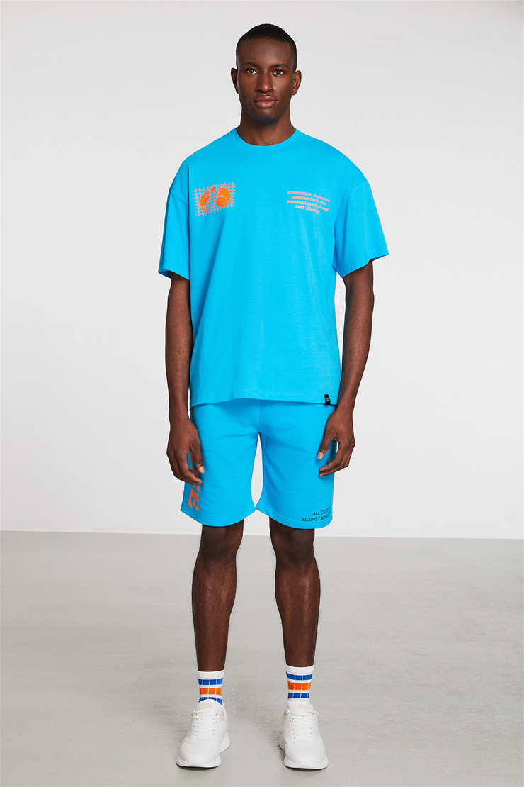 GLOBAL Erkek Turkuaz Baskılı Yuvarlak Yaka Oversize T-Shirt