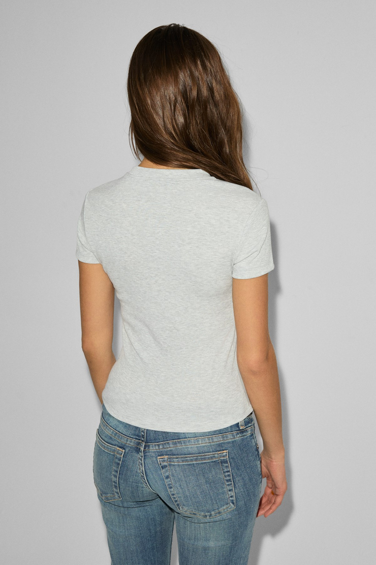 GLOOM Kadın Yumuşak Ve Esnek Fitilli Kumaşlı Bisiklet Yakalı Crop Grimelanj T-Shirt