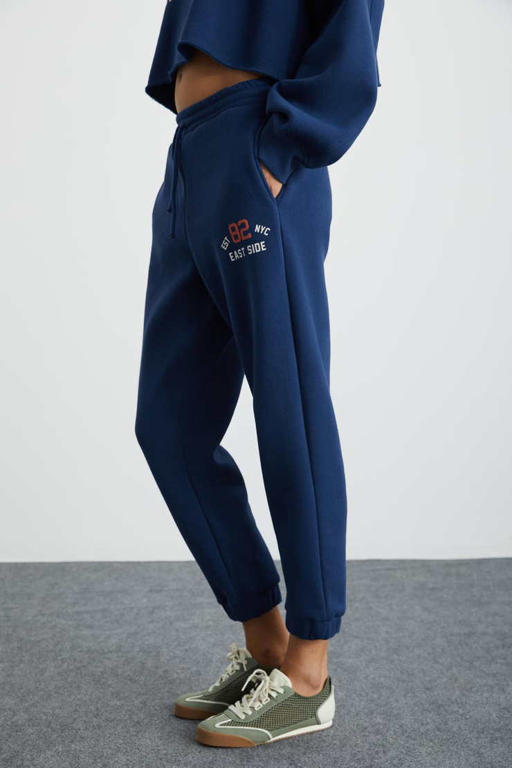 GLORYY Kadın Comfort Fit Baskı Detaylı Lastikli Paça Organik Pamuklu Lacivert Alt-Üst Takım