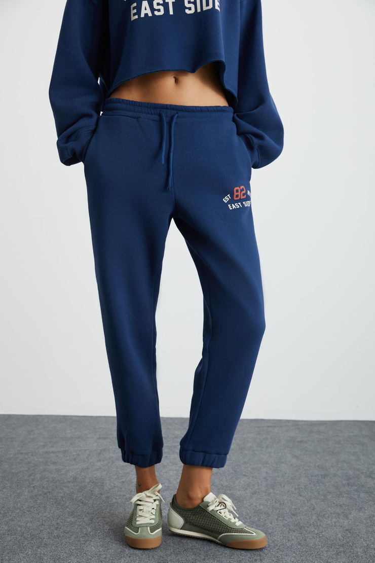 GLORYY Kadın Comfort Fit Baskı Detaylı Lastikli Paça Organik Pamuklu Lacivert Alt-Üst Takım