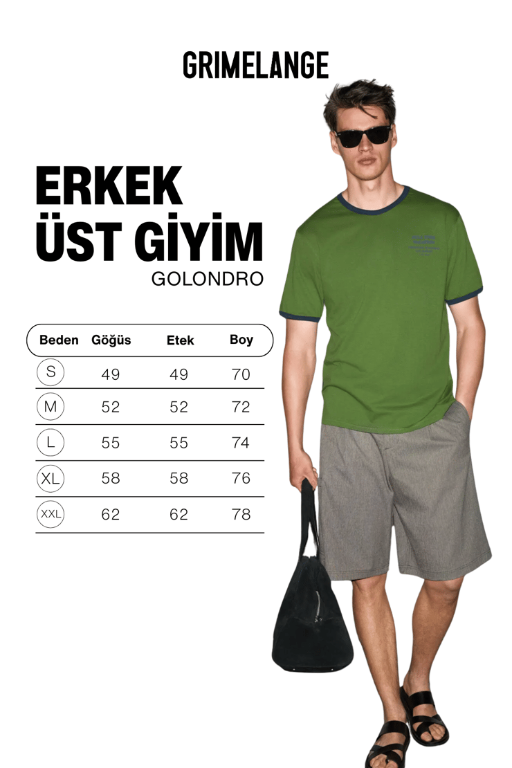 GOLONDRO Erkek %100 Organik Pamuklu Kontrast Biyeli Baskı Detaylı Regular Fit Yeşil T-Shirt