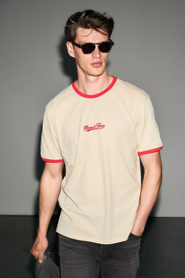 GOLONDRO Erkek %100 Organik Pamuklu Kontrast Biyeli Baskı Detaylı Regular Fit Vanilya T-Shirt
