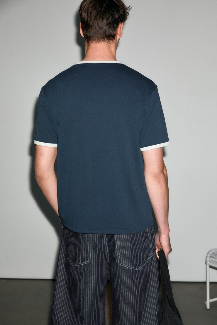 GOLONDRO Erkek %100 Organik Pamuklu Kontrast Biyeli Baskı Detaylı Regular Fit Lacivert T-Shirt