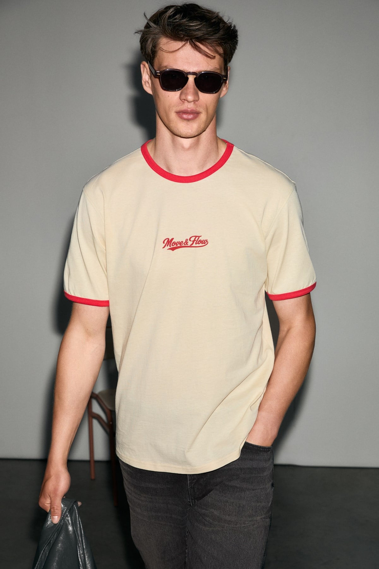 GOLONDRO Erkek %100 Organik Pamuklu Kontrast Biyeli Baskı Detaylı Regular Fit Vanilya T-Shirt