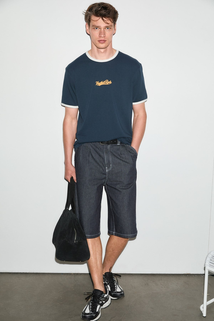 GOLONDRO Erkek %100 Organik Pamuklu Kontrast Biyeli Baskı Detaylı Regular Fit Lacivert T-Shirt