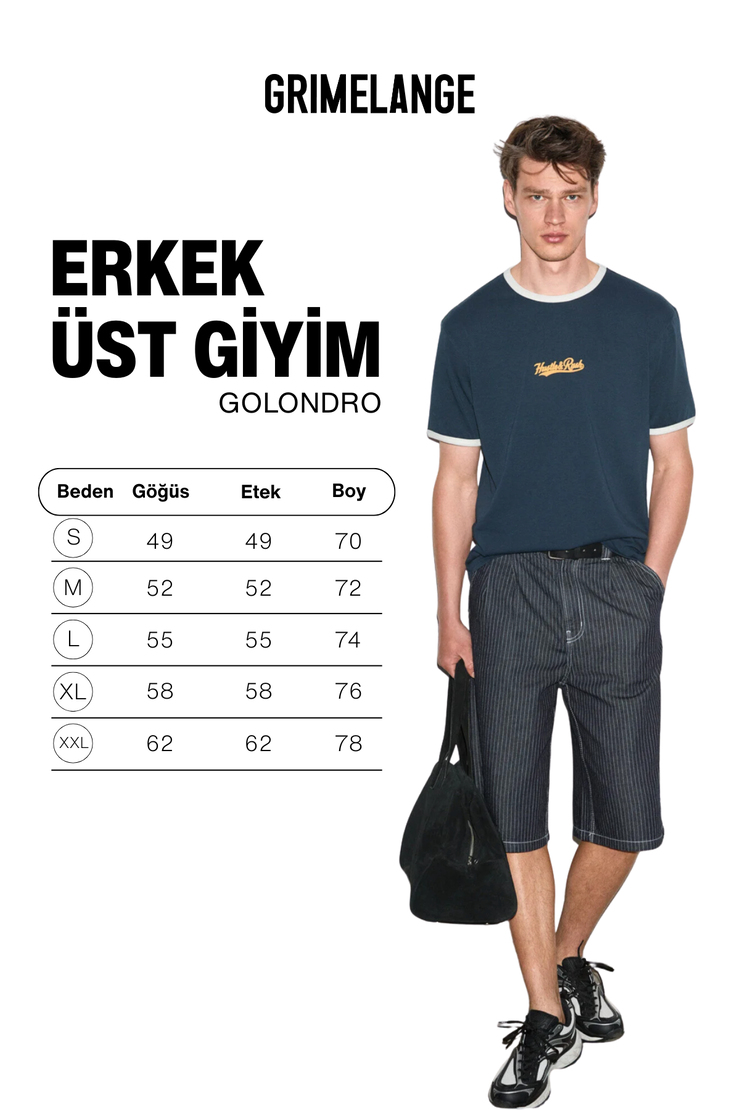 GOLONDRO Erkek %100 Organik Pamuklu Kontrast Biyeli Baskı Detaylı Regular Fit Lacivert T-Shirt