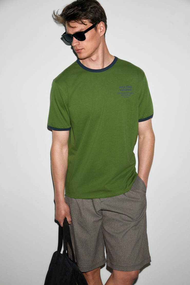 GOLONDRO Erkek %100 Organik Pamuklu Kontrast Biyeli Baskı Detaylı Regular Fit Yeşil T-Shirt