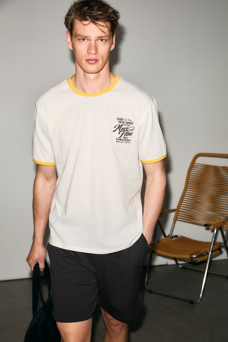 GOLONDRO Erkek %100 Organik Pamuklu Kontrast Biyeli Baskı Detaylı Regular Fit Ekru T-Shirt
