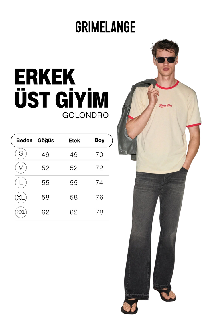 GOLONDRO Erkek %100 Organik Pamuklu Kontrast Biyeli Baskı Detaylı Regular Fit Vanilya T-Shirt