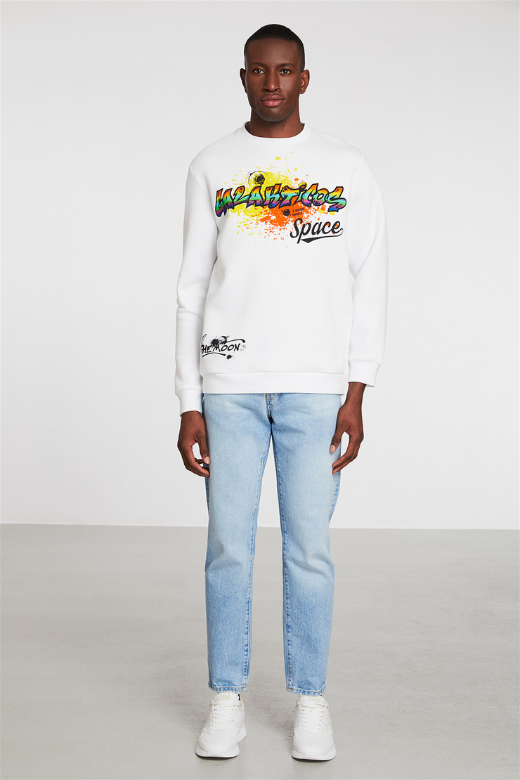 GRAVITY GALAKTICOS Erkek Beyaz Baskılı Yuvarlak Yaka Comfort Fit Sweatshirt