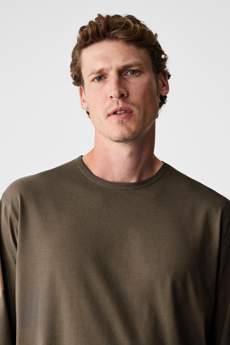 GRAVS Erkek %100 Pamuklu Yumuşak Kumaşlı Yuvarlak Yakalı Uzun Kollu Haki T-Shirt