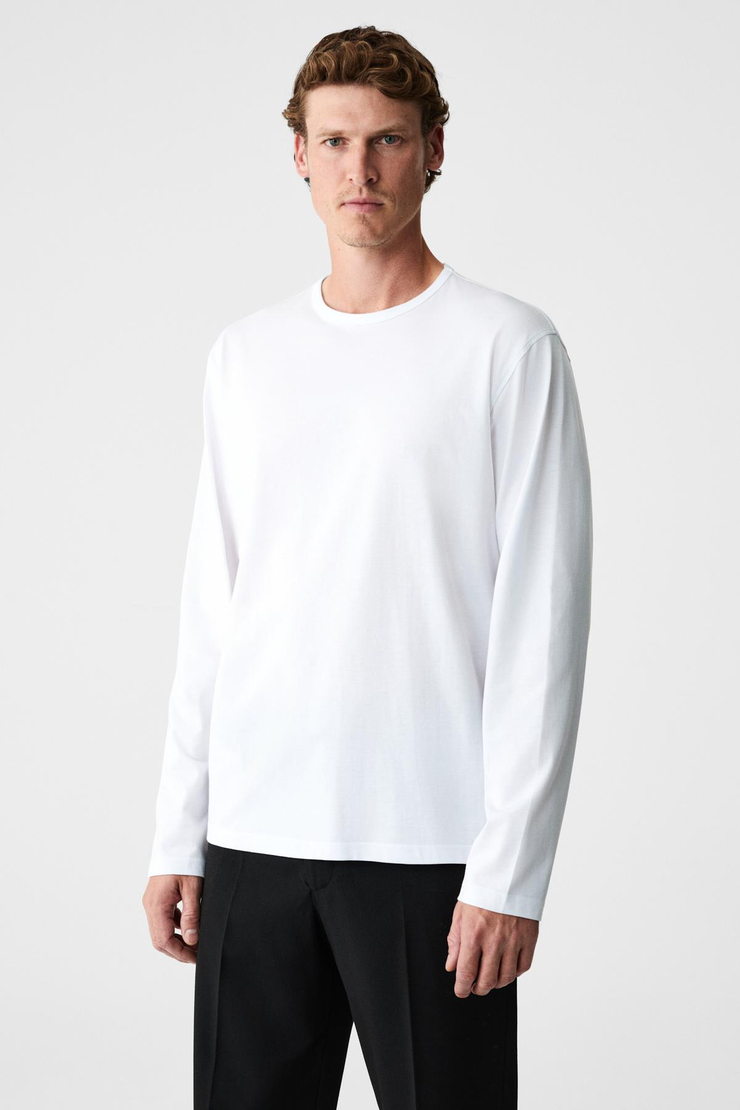 GRAVS Erkek %100 Pamuklu Yumuşak Kumaşlı Yuvarlak Yakalı Uzun Kollu Ekru T-Shirt